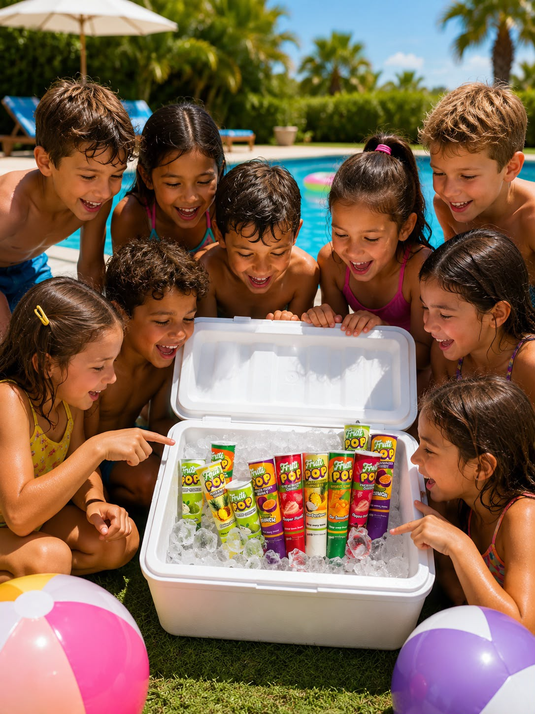 Excited children around a cooler full of Fruti Pops at a poolside party