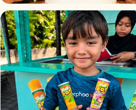 A smiling boy holding two Fruti Pops at an event